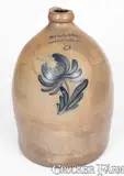 3 Gal. COWDEN & WILCOX / HARRISBURG, PA Stoneware Jug w/ Floral Decoration by Cowden & Wilcox, circa 1865, Stoneware, sold Nov 2023