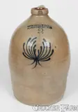 2 Gal. COWDEN & WILCOX / HARRISBURG, PA Stoneware Jug w/ Slip-Trailed Floral Decoration by Cowden & Wilcox, circa 1865, Stoneware, sold Nov 2023