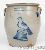 3 Gal. COWDEN & WILCOX / HARRISBURG, PA Stoneware Jar w/ Bird-on-Stump Decoration by Cowden & Wilcox, circa 1865, Stoneware, sold Nov 2023