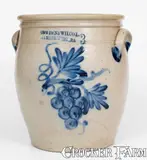 3 Gal. COWDEN & WILCOX / HARRISBURG, PA Stoneware Jar w/ Bold Grapes Decoration by Cowden & Wilcox, circa 1865, Stoneware, sold Nov 2023