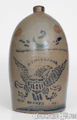 R. T. Williams, 3 Gal. R. T. WILLIAMS / NEW GENEVA, PA Stoneware Eagle Jug, circa 1880, Stoneware