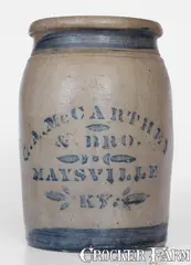& Bro, Fine G. A. McCARTHEY & BRO. / MAYSVILLE, KY Stoneware Jar, circa 1875, Stoneware