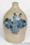 4 Gal. COWDEN & WILCOX / HARRISBURG, PA Stoneware Jug w/ Floral Decoration by Cowden & Wilcox, circa 1865, Stoneware, sold Nov 2023