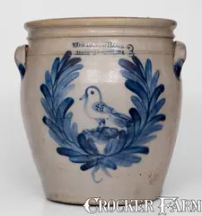 Cowden & Wilcox, Outstanding COWDEN & WILCOX / HARRISBURG, PA 3 Gal. Stoneware Jar w/ Bold Bird-in-Wreath Design, circa 1865, Stoneware