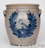 Outstanding COWDEN & WILCOX / HARRISBURG, PA 3 Gal. Stoneware Jar w/ Bold Bird-in-Wreath Design by Cowden & Wilcox, circa 1865, Stoneware, sold Aug 2023