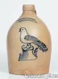 Very Rare COWDEN & WILCOX / HARRISBURG, PA One-Gallon Stoneware Jug w/ Cobalt Bird-on-Stump Decoration by Cowden & Wilcox, circa 1865, Stoneware, sold Aug 2023