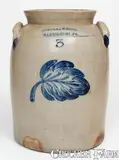 3 Gal. COWDEN & WILCOX / HARRISBURG, PA Stoneware Jar w/ Fine Leaf Decoration by Cowden & Wilcox, circa 1865, Stoneware, sold Aug 2023