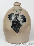 3 Gal. COWDEN & WILCOX / HARRISBURG, PA Stoneware Jug w/ Bold Grapes Decoration by Cowden & Wilcox, circa 1865, Stoneware, sold Aug 2023