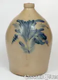 4 Gal. COWDEN & WILCOX / HARRISBURG, PA Stoneware Jug w/ Floral Decoration by Cowden & Wilcox, circa 1865, Stoneware, sold Aug 2023