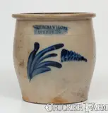 COWDEN & WILCOX / HARRISBURG, PA Stoneware Cream Jar by Cowden & Wilcox, circa 1865, Stoneware, sold Aug 2023