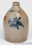 One-Gallon COWDEN & WILCOX / HARRISBURG, PA Stoneware Jug w/ Floral Decoration, c1865 by Cowden & Wilcox, c1865, Stoneware, sold Aug 2023
