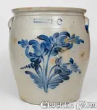6 Gal. COWDEN & WILCOX / HARRISBURG, PA Stoneware Jar w/ Elaborate Floral Decoration by Cowden & Wilcox, circa 1865, Stoneware, sold Aug 2023