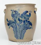 5 Gal. COWDEN & WILCOX / HARRISBURG, PA Stoneware Jar w/ Elaborate Floral Decoration by Cowden & Wilcox, circa 1865, Stoneware, sold Aug 2023