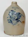 3 Gal. COWDEN & WILCOX / HARRISBURG, PA Stoneware Jug w/ Floral Decoration by Cowden & Wilcox, circa 1865, Stoneware, sold Aug 2023