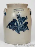 3 Gal. COWDEN & WILCOX / HARRISBURG, PA Stoneware Jar w/ Elaborate Floral Decoration by Cowden & Wilcox, circa 1865, Stoneware, sold Aug 2023