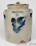 2 Gal. COWDEN & WILCOX / HARRISBURG, PA Stoneware Lidded Jar w/ Floral Decoration by Cowden & Wilcox, circa 1865, Stoneware, sold Aug 2023