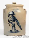 Fine 1 1/2 Gal. J. & E. NORTON / BENNINGTON, VT Stoneware Lidded Jar w/ Slip-Trailed Pheasant by J. & E. Norton, circa 1855, Stoneware, sold Aug 2023