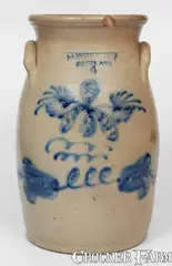 M. Woodruff, 4 Gal. M. WOODRUFF / CORTLAND Stoneware Churn w/ Elaborate Floral Decoration, circa 1867-1869, Stoneware