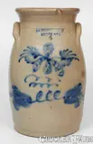 M. Woodruff, 4 Gal. M. WOODRUFF / CORTLAND Stoneware Churn w/ Elaborate Floral Decoration