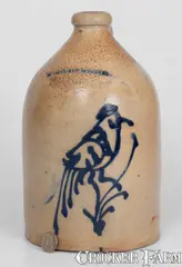 White & Co., WHITE & CO. / BINGHAMTON Stoneware Jug w/ Unusual Slip-Trailed Bird Decoration, circa 1866-1888, Stoneware