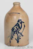 White & Co., WHITE & CO. / BINGHAMTON Stoneware Jug w/ Unusual Slip-Trailed Bird Decoration, circa 1866-1888, Stoneware