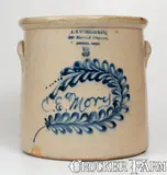A. B. Wheeler & Co., 5 Gal. A. B. WHEELER & CO. / BOSTON, MASS. Advertising Crock w/ Elaborate Cobalt Script "C. E. Mory", circa 1875, Stoneware