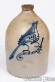 Fort Edward Pottery Co., Scarce FORT EDWARD / POTTERY CO. (New York) Stoneware Syrup Jug w/ Cobalt Bird Decoration, circa 1859, Stoneware
