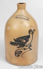 2 Gal. OTTMAN BROS. & CO. / FORT EDWARD, NY Stoneware Jug w/ Bird Decoration by Ottman Bros. & Co., circa 1875, Stoneware, sold Aug 2023