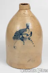 Brady & Ryan, 2 Gal. BRADY & RYAN / ELLENVILLE, NY Stoneware Jug w/ Bird Decoration, circa 1885, Stoneware