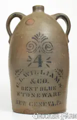 Scarce C. L. WILLIAMS & CO. / BEST BLUE STONEWARE / NEW GENEVA, PA Double-Handled Stoneware Jug by C. L. Williams & Co., circa 1890, Stoneware, sold Aug 2023
