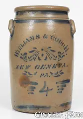 Williams & Couch, Scarce 4 Gal. WILLIAMS & COUCH / NEW GENEVA, PA Stoneware Jar, late 19th century, Stoneware