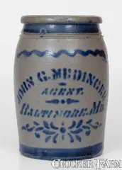 John G. Medinger, JOHN G. MEDINGER / BALTIMORE, MD Stoneware Advertising Jar, Western PA origin, circa 1875, Stoneware