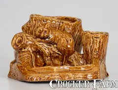 Made, Exceptional Fulper Pottery (Flemington, NJ) Rockingham Raccoon Match Holder, "MADE / BY / A.H. Prall / 1903", 1903, Stoneware