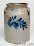 3 Gal. COWDEN & WILCOX / HARRISBURG, PA Stoneware Jar w/ Floral Decoration by Cowden & Wilcox, circa 1865, Stoneware, sold Aug 2023