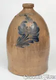 3 Gal. COWDEN & WILCOX / HARRISBURG, PA Stoneware Jug w/ Floral Decoration by Cowden & Wilcox, circa 1865, Stoneware, sold Aug 2023