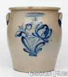 Rare 4 Gal. COWDEN & WILCOX / HARRISBURG, PA Stoneware Jar w/ Elaborate Slip-Trailed Floral Decoration by Cowden & Wilcox, circa 1865, Stoneware, sold Aug 2023