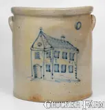 C. W. Braun, Very Rare 6 Gal. C. W. BRAUN / BUFFALO, NY Stoneware Crock w/ Elaborate House Decoration