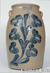 H.M. Whitman, Exceptional H. M. WHITMAN / HAVANA, NY Stoneware Churn w/ Elaborate Floral Decoration, circa 1859-1862, Stoneware