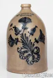 Fine W. H. FARRAR & CO / GEDDES, NY Stoneware Jug w/ Elaborate Floral Decoration by W.H. Farrar & Co., circa 1860, Stoneware, sold Aug 2023