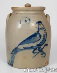 N Clark Jr, 2 Gal. N. CLARK JR. / ATHENS, NY Stoneware Lidded Jar w/ Bird Decoration, mid 19th century, Stoneware