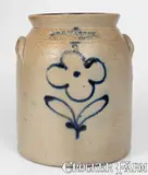 Wm E. Warner, 2 Gal. WM. E. WARNER / WEST TROY Stoneware Jar w/ Slip-Trailed Floral Decoration