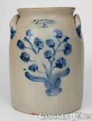 3 Gal. J. MANTELL / PENN YAN Stoneware Jar w/ Elaborate Floral Decoration by J Mantell, circa 1856-1876, Stoneware, sold Aug 2023