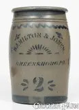 Hamilton & Jones, 2 Gal. HAMILTON & JONES / GREENSBORO, PA Stoneware Jar w/ Rising Sun Stencil