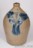 4 Gal. COWDEN & WILCOX / HARRISBURG, PA Stoneware Jug w/ Floral Decoration by Cowden & Wilcox, circa 1865, Stoneware, sold Mar 2023