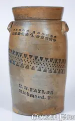 E. B. Taylor, 4 Gal. E. B. TAYLOR / RICHMOND, VA Stoneware Churn att. Donaghho / Parkersburg, WV, circa 1880, Stoneware