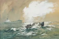 Robert Leslie Howey, Boat And Tanker In Rough Seas, Watercolour and gouache