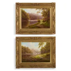 A Pair Of Landscapes, 'On The Nidd, Bilton Woods, Yorkshire' And 'Richmond Castle From The Swale' by Everett Watson Mellor, Oil on board, sold Nov 2024