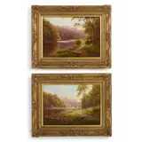 Everett Watson Mellor, A Pair Of Landscapes, 'On The Nidd, Bilton Woods, Yorkshire' And 'Richmond Castle From The Swale', Oil on board