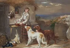 James Hardy junior, Cottage Scene With Dogs, Watercolour