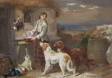 James Hardy junior, Cottage Scene With Dogs, Watercolour